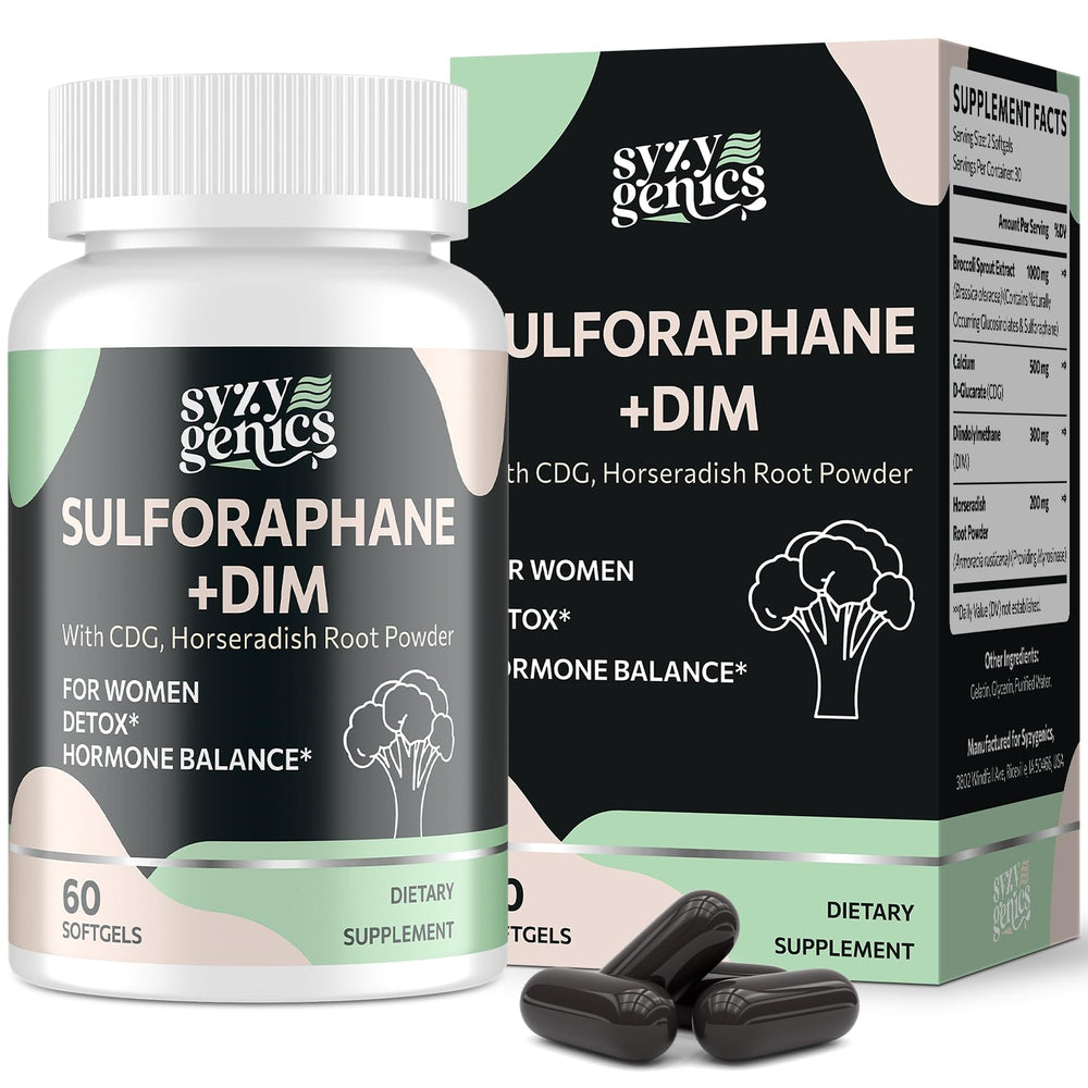 SYZY GENICS sulforaphane bottle featuring broccoli sprouts for antioxidant support