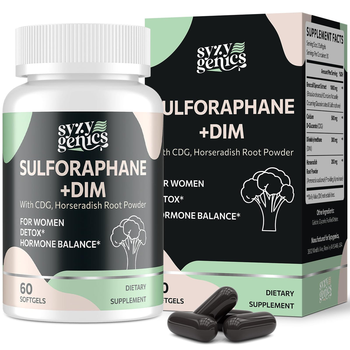 SYZY GENICS sulforaphane bottle featuring broccoli sprouts for antioxidant support