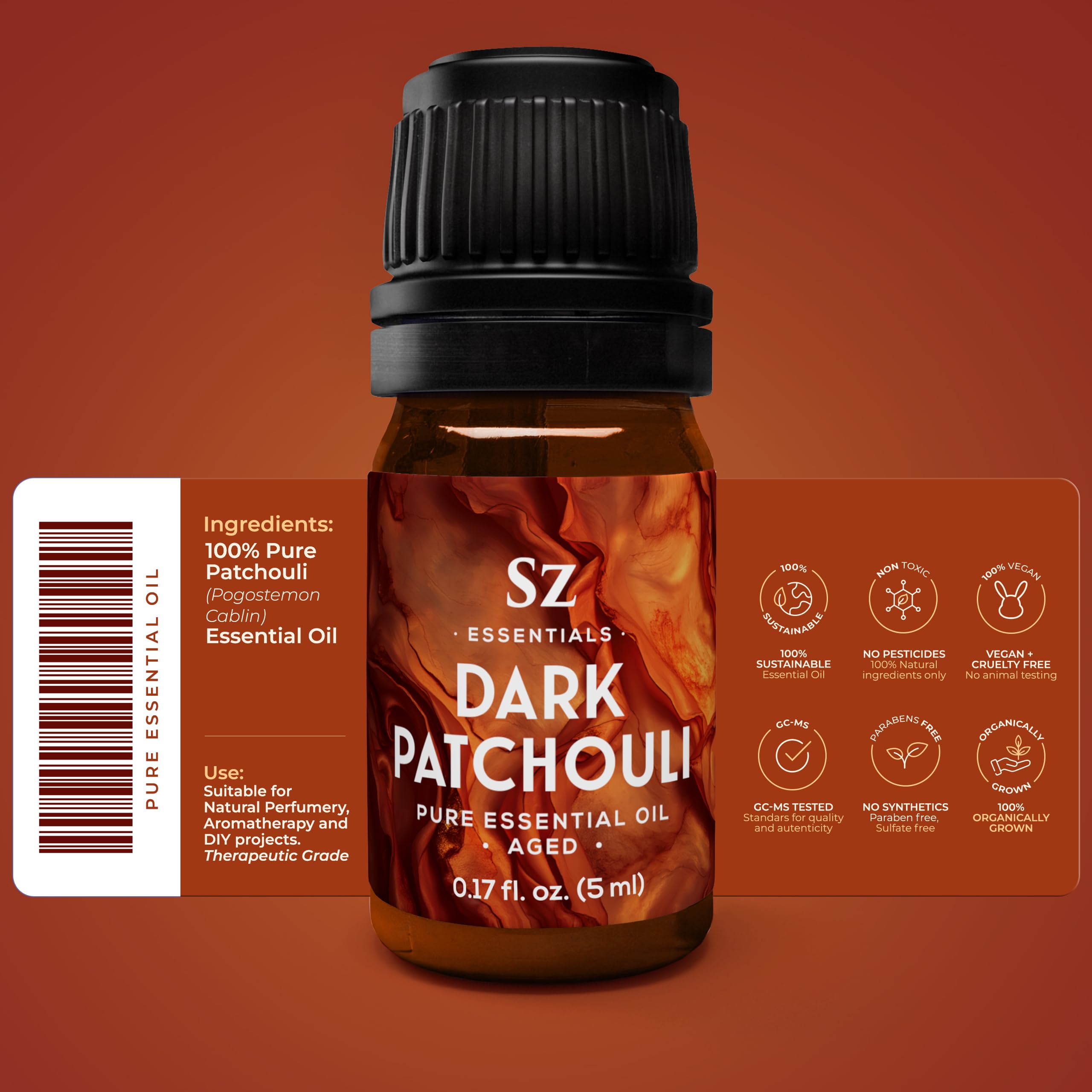 Sz Essentials 5-year aged patchouli aroma close-up showing depth.