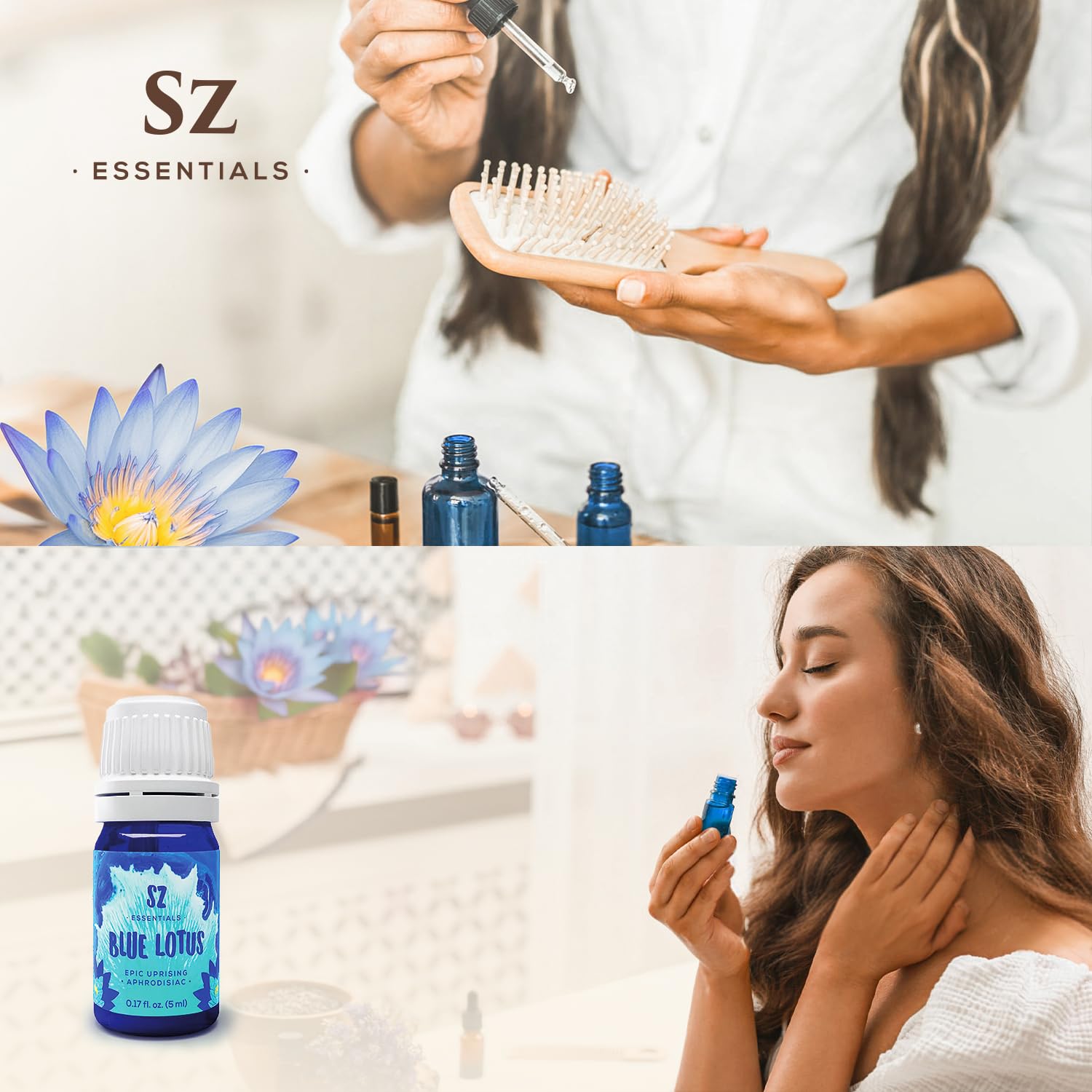 Sz Essentials Blue Lotus dropper applying a drop.