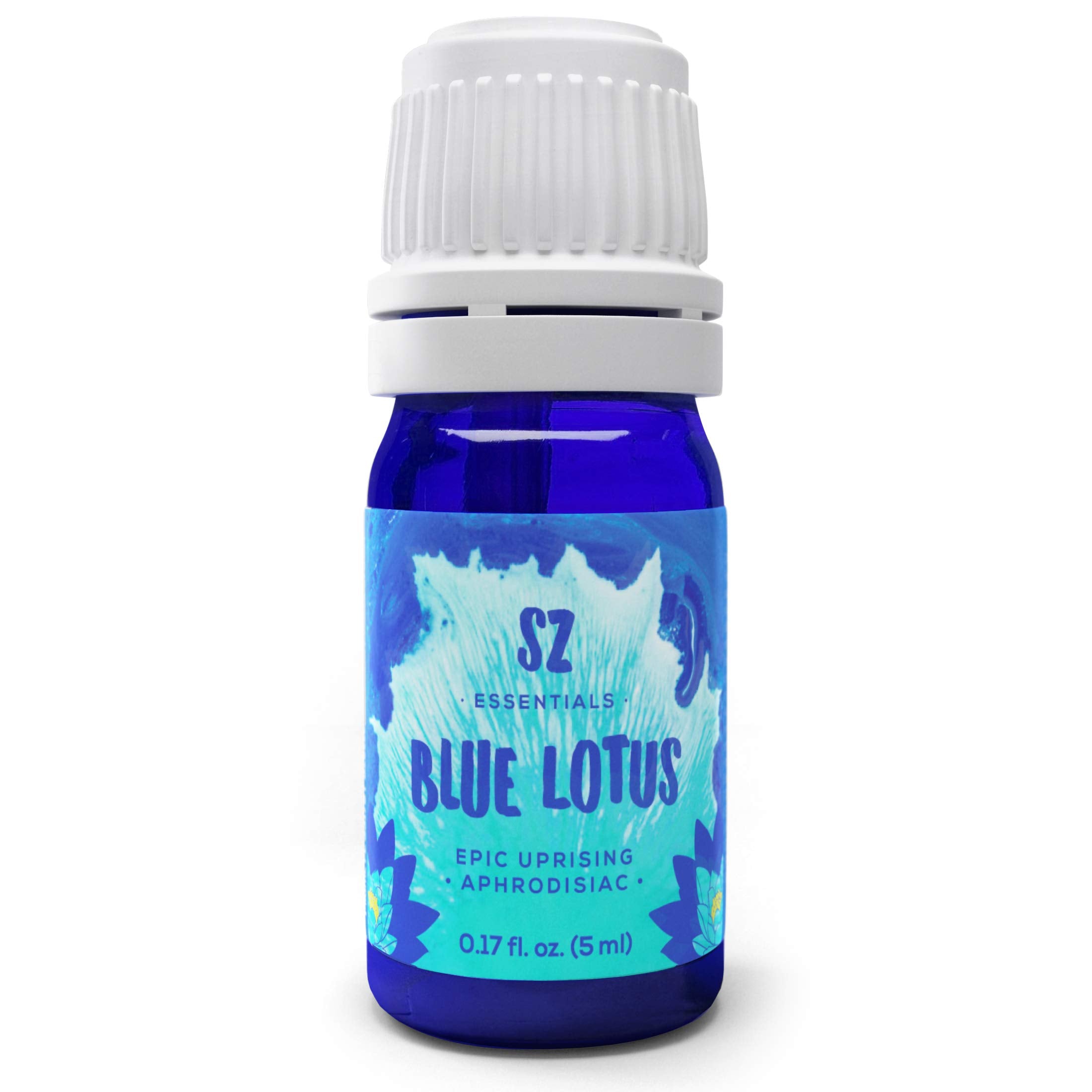 Sz Essentials Blue Lotus oil bottle close-up showcases premium mood-enhancing fragrance.