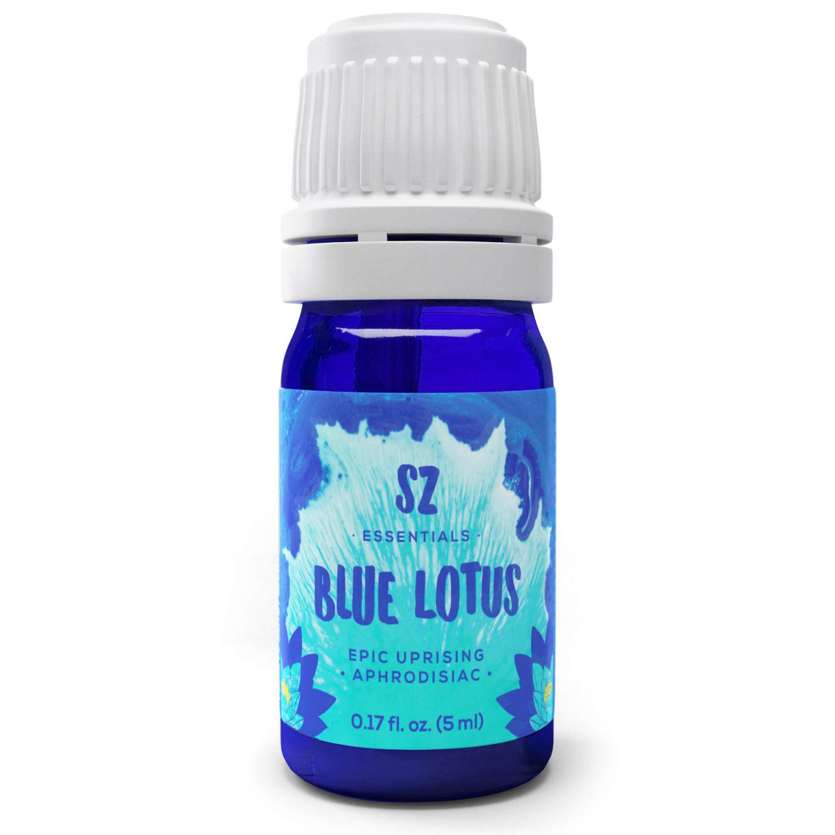 Sz Essentials Blue Lotus oil bottle close-up showcases premium mood-enhancing fragrance.