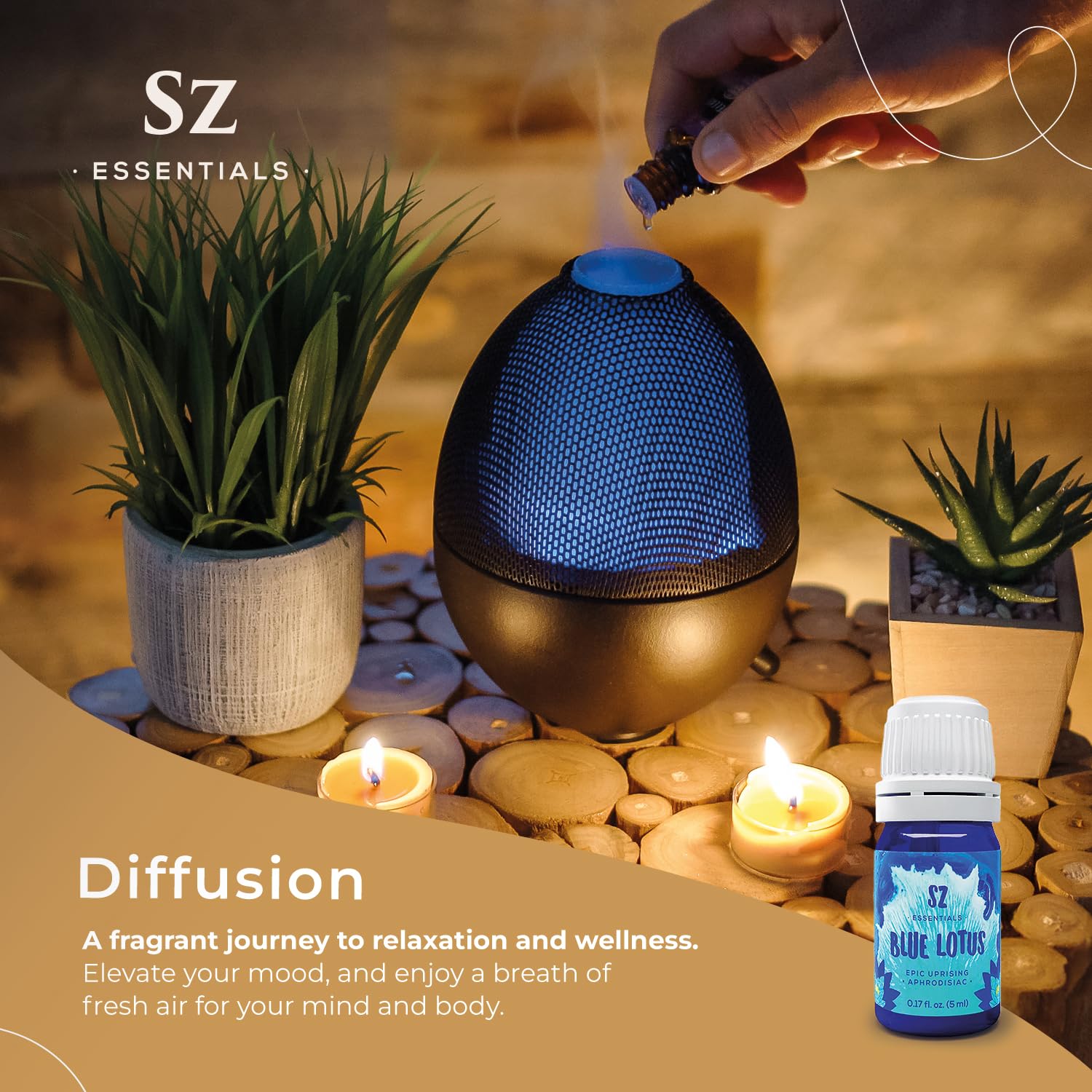 Sz Essentials Blue Lotus skincare blend with warm golden hue.