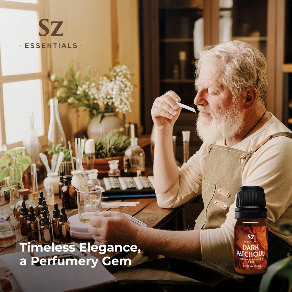 Sz Essentials diffuser scene showcasing patchouli blend for perfumery.