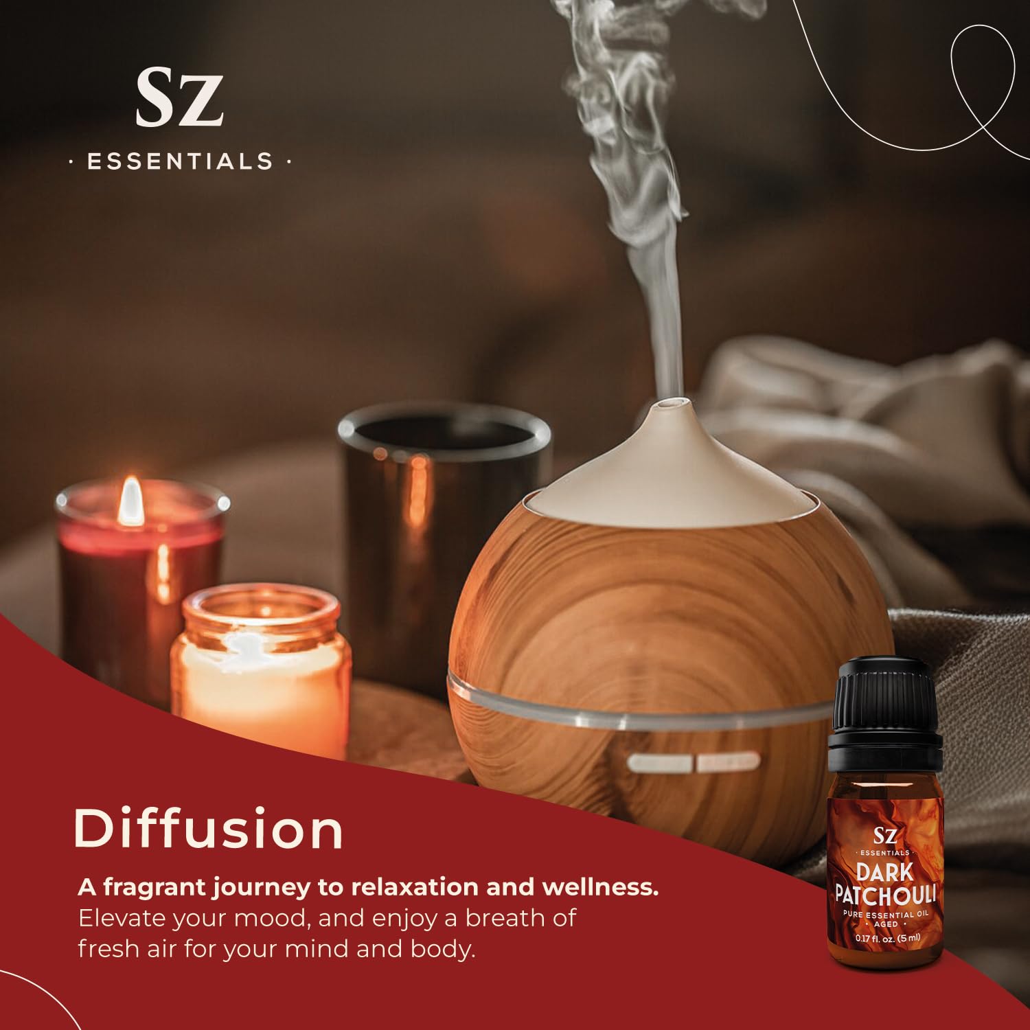 Sz Essentials amber candle with patchouli-inspired scent.