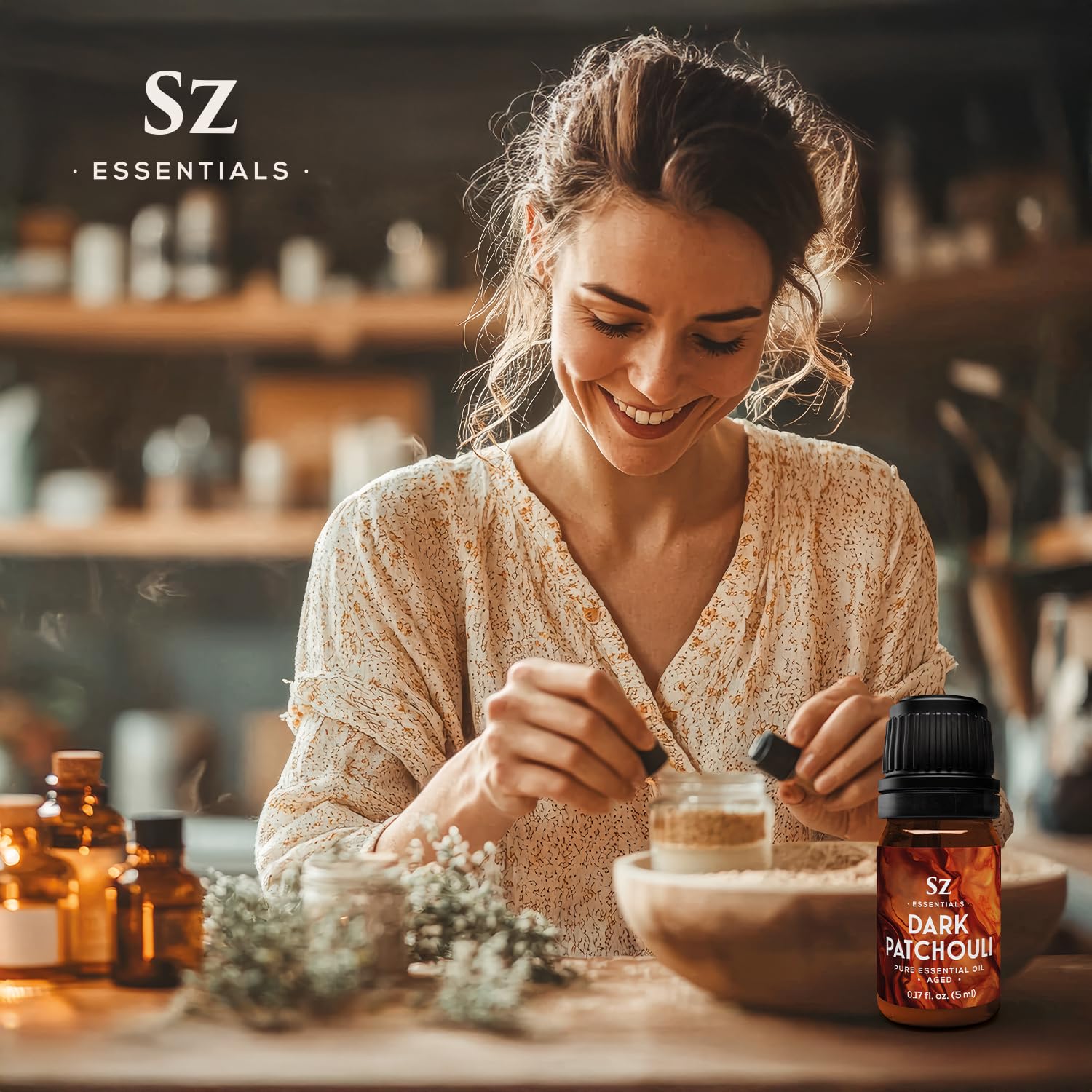 Sz Essentials patchouli leaves close-up emphasizing natural sourcing.