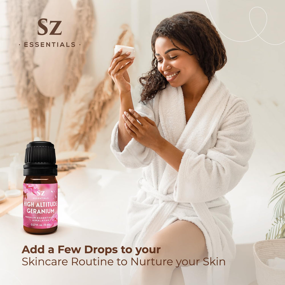 Sz Essentials Himalayan steam-distilled geranium oil ensures purity for rituals.