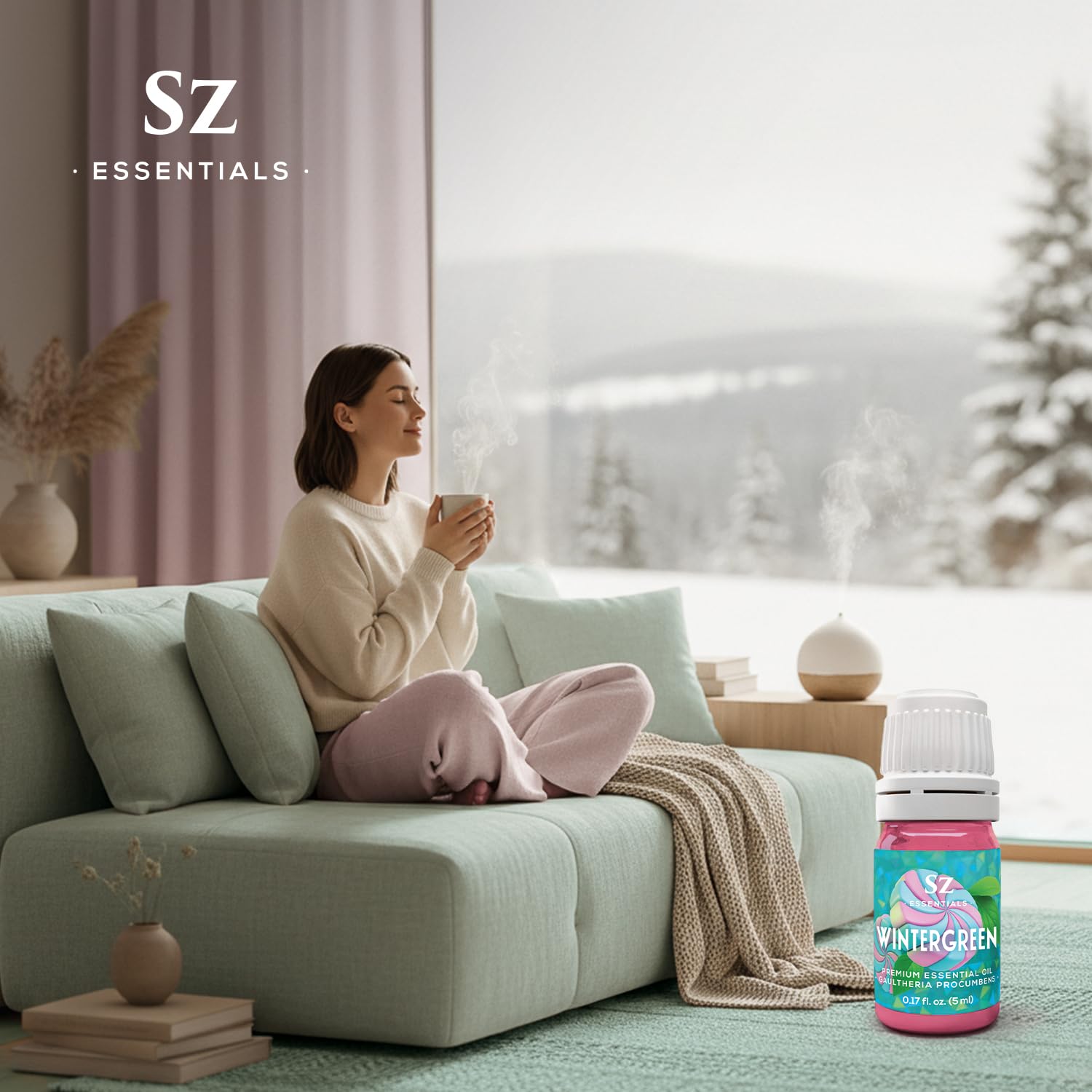 Sz Essentials Wintergreen aromatherapy setup shows versatile usage in diffusers and blends.