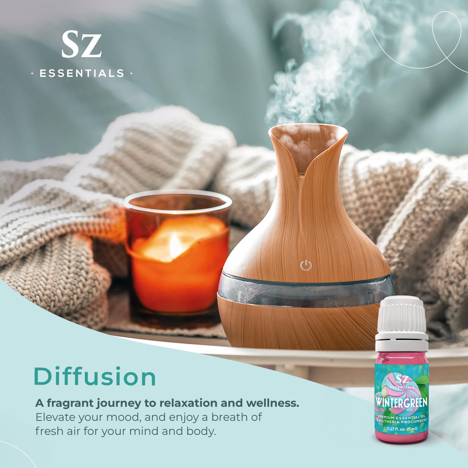 Sz Essentials Wintergreen diffuser steam presents a clean scent that boosts focus.