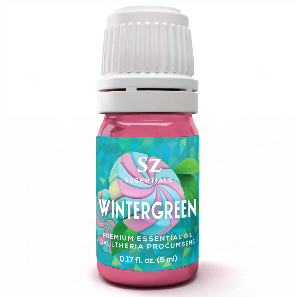 Sz Essentials Wintergreen oil bottle closeup highlights purity for aromatherapy and diffusion.