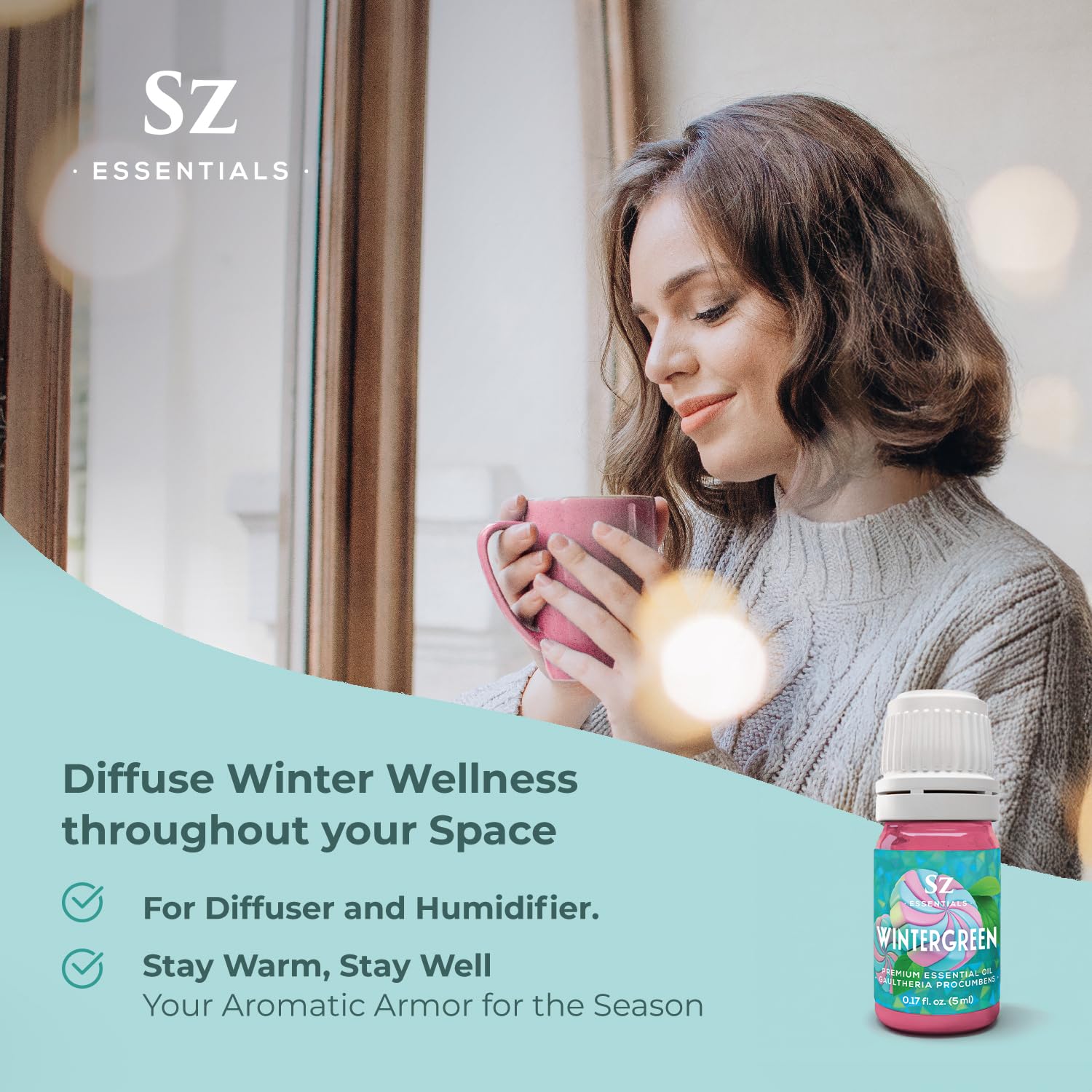 Sz Essentials Wintergreen oil pour depicts easy use in DIY blends.