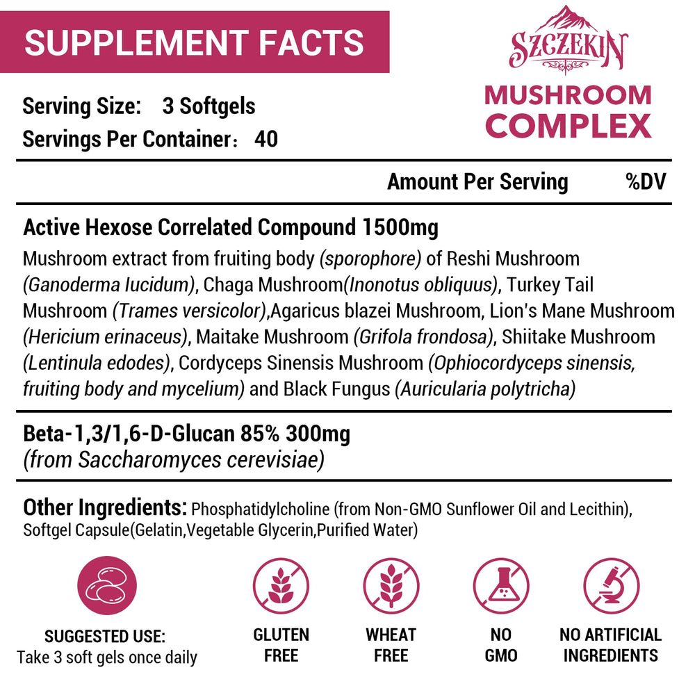 SZCZEKIN eight-mushroom blend capsules showing real mushroom extract ingredients