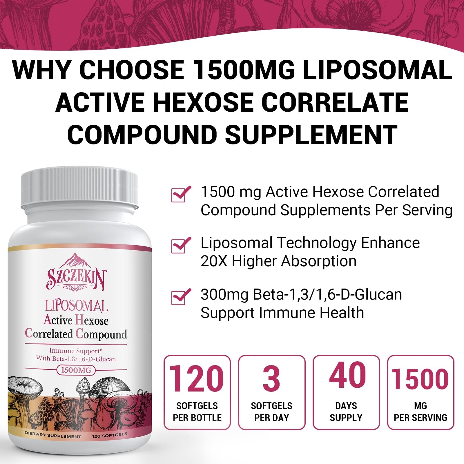 SZCZEKIN eight-mushroom blend visual showing natural ingredients in capsules.