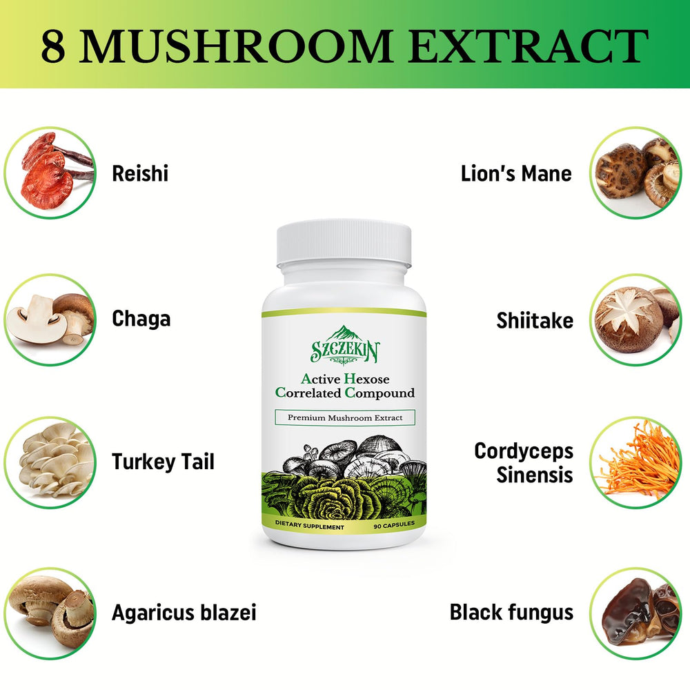 SZCZEKIN ingredients board highlights eight mushrooms for immune-ready routine