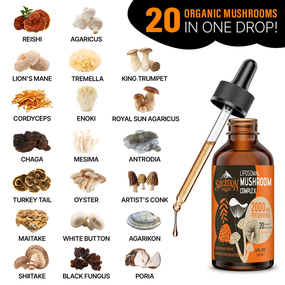 SZCZEKIN Liposomal Mushroom Drops bottle side view showing product design.