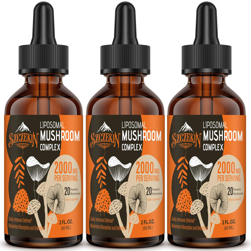 SZCZEKIN Liposomal Mushroom Drops bottle with dropper for precise dosing and potential immune support.