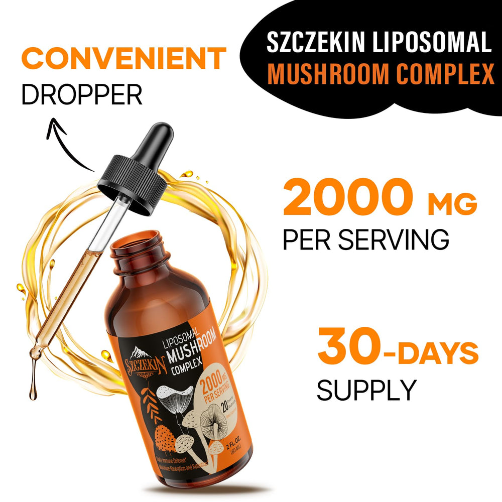 SZCZEKIN Liposomal Mushroom Drops ingredients detail shown with whole mushrooms highlighting natural sourcing and purity