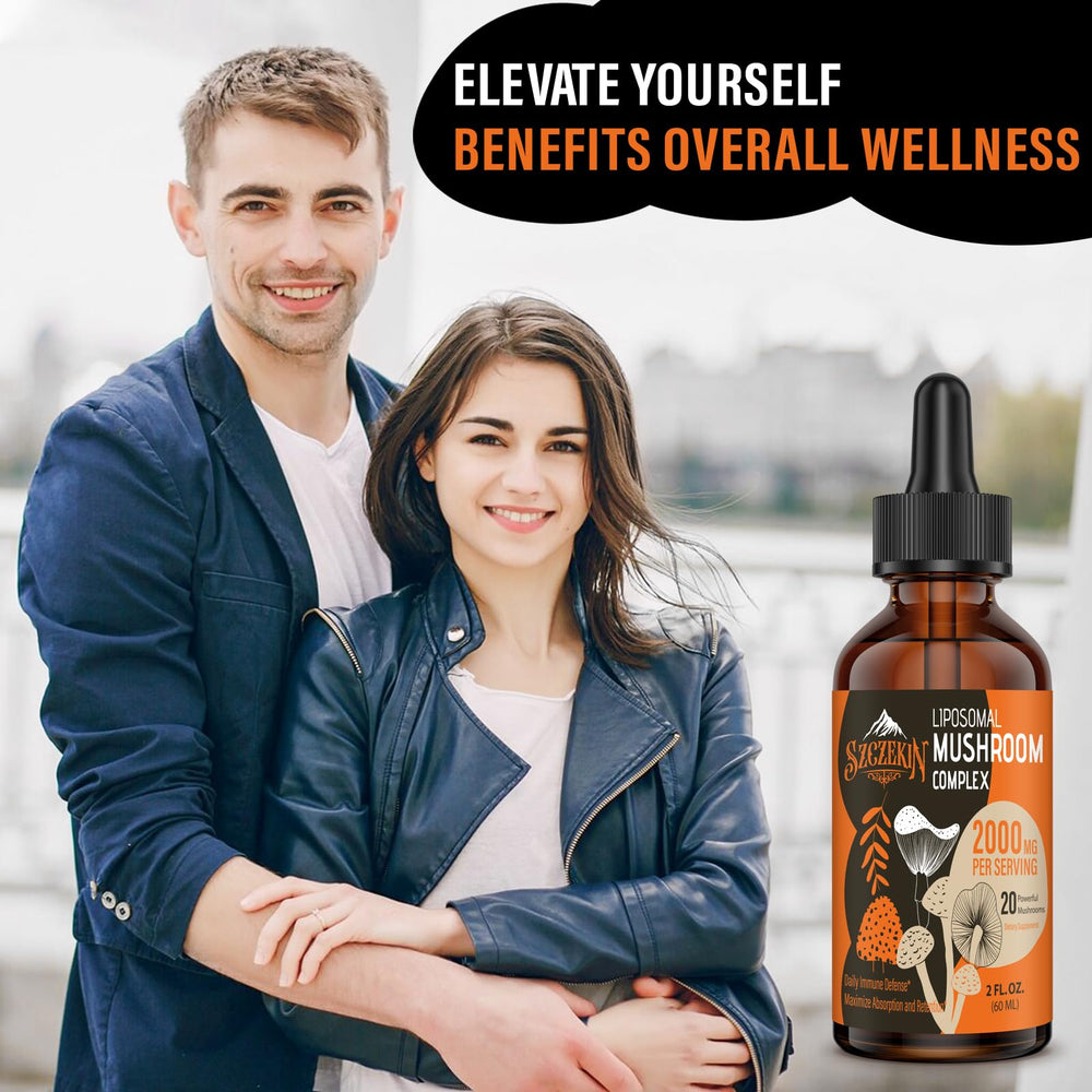 SZCZEKIN Liposomal Mushroom Drops lifestyle scene on kitchen counter suggests convenient daily intake