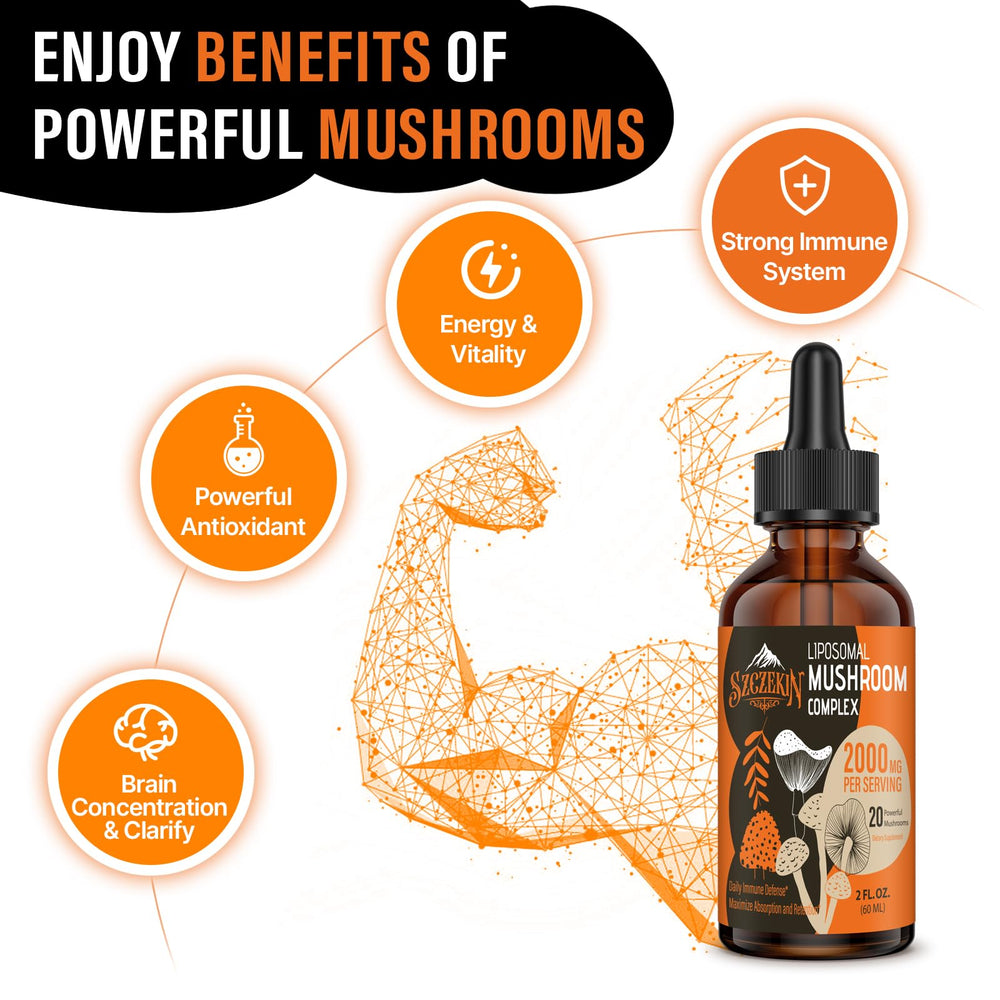 SZCZEKIN Liposomal Mushroom Drops packaging box showcasing product quality