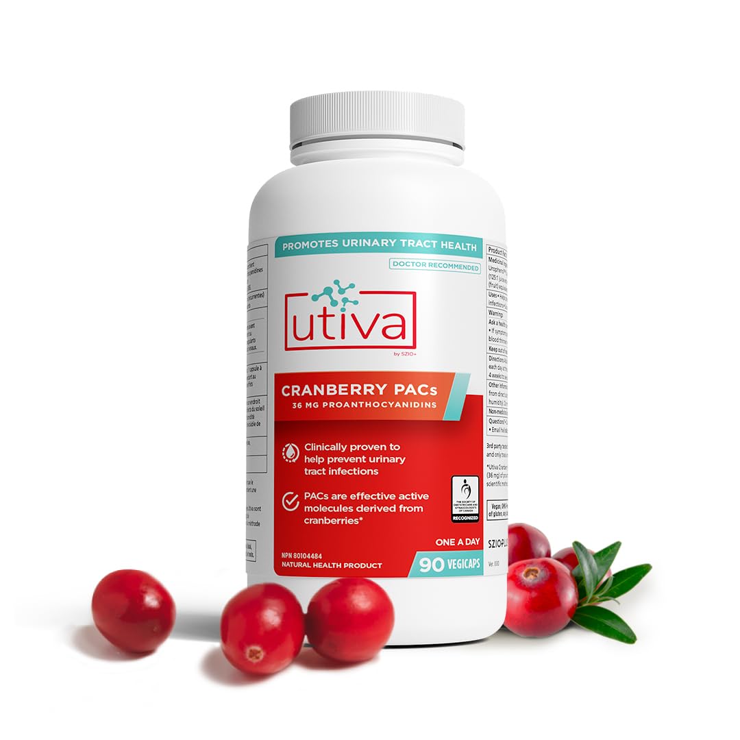 Szio+ Utiva Cranberry PACs bottle for daily bladder health support.