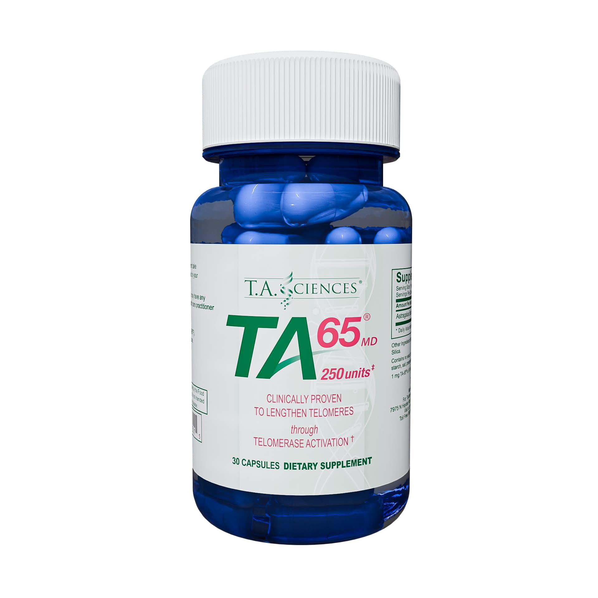 TA-65 bottle and box packaging on a clean surface with clinical data.