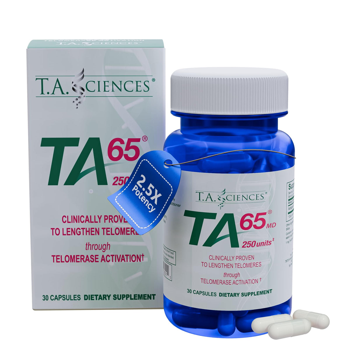 TA-65 bottle highlights patented extraction for maximum bioavailability.