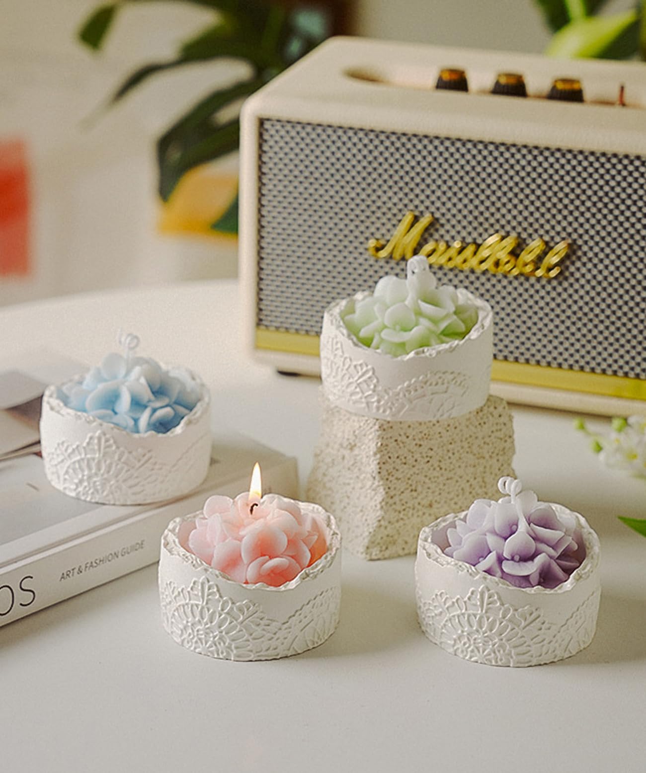 T-shin desk decor candle adds a floral focal point to any space