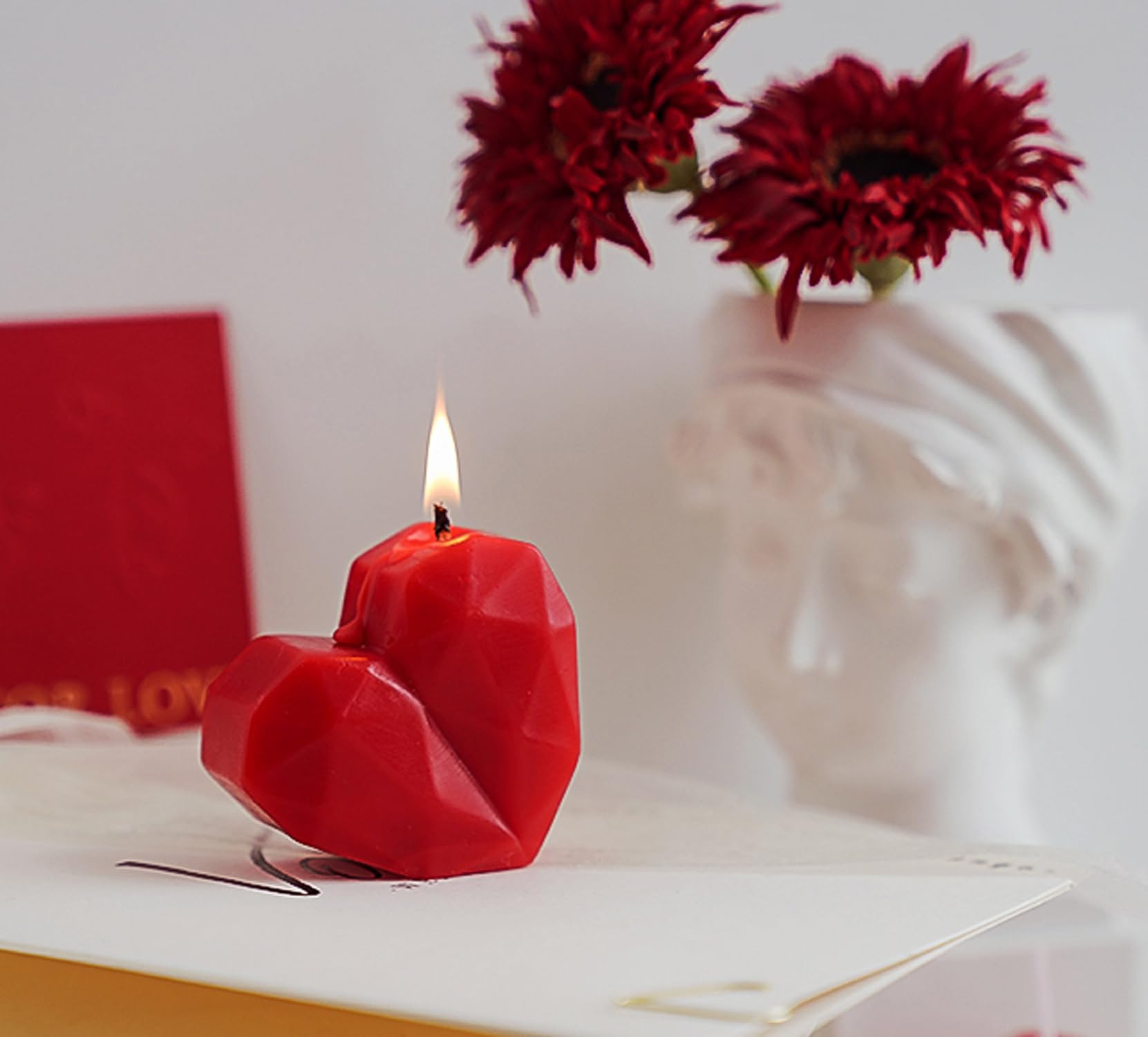 T-shin Love Heart Candle front view in red for romantic decor.