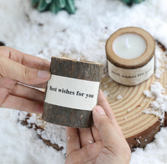 T-shin wooden log candle closeup reveals hand-carved detail and natural soy wax.