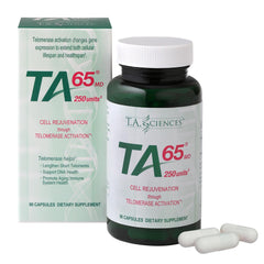 TA-65 bottle close-up showing 2.5x potency for daily use.