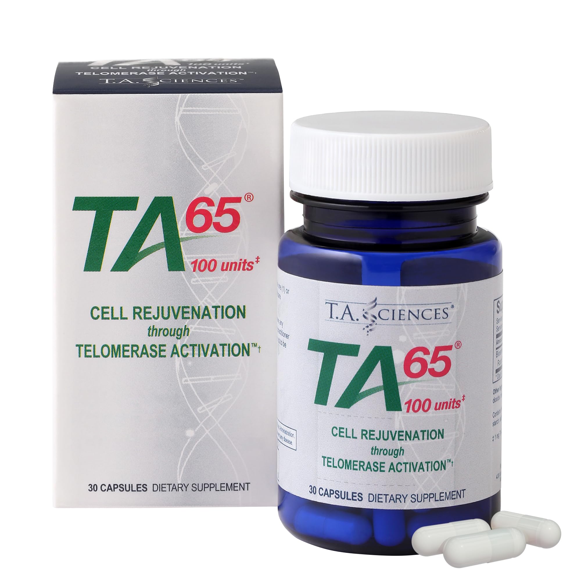 TA Sciences TA65 bottle front view – ideal daily wellness support.