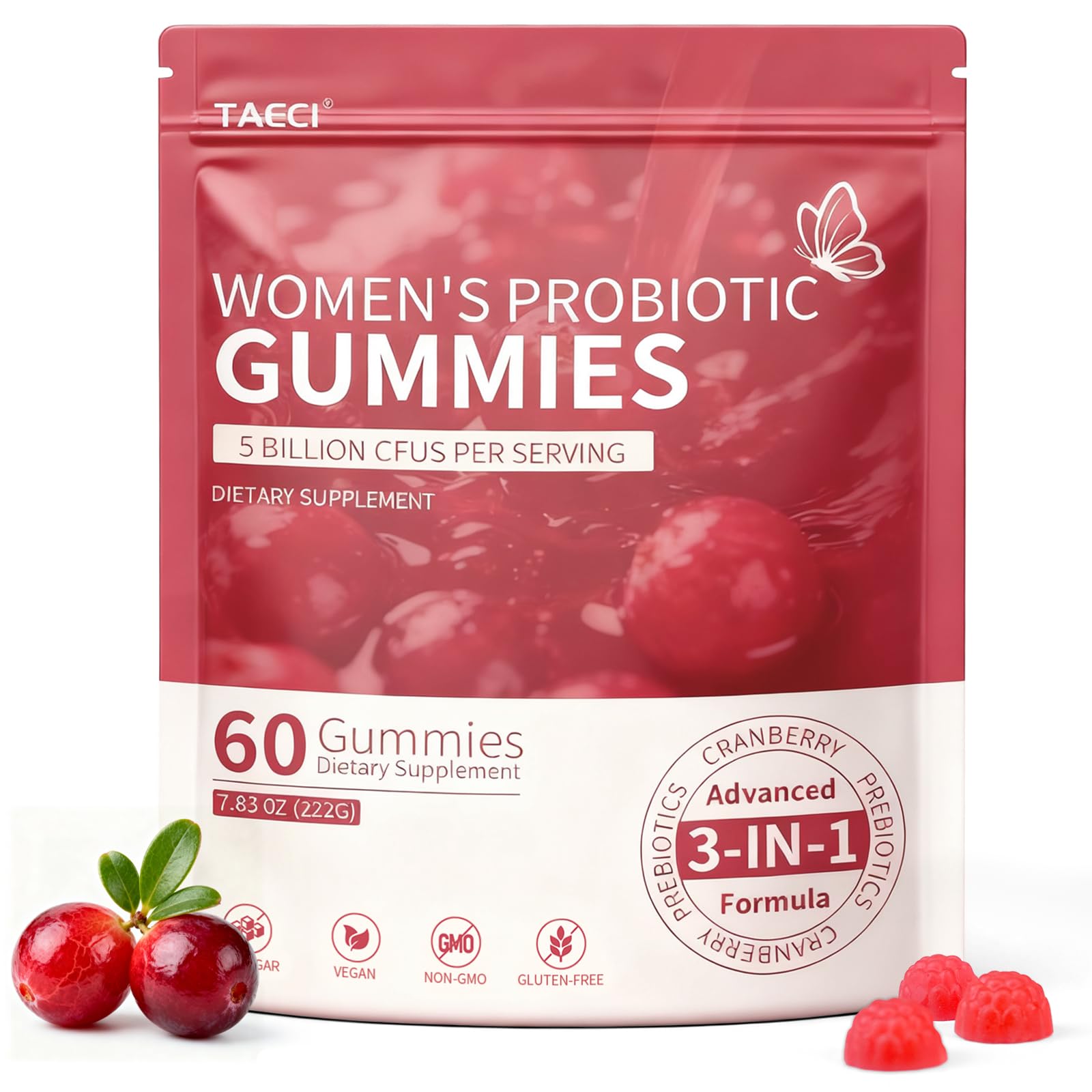 Taeci Cranberry Probiotic Gummies bottle for daily balance and gentle wellness
