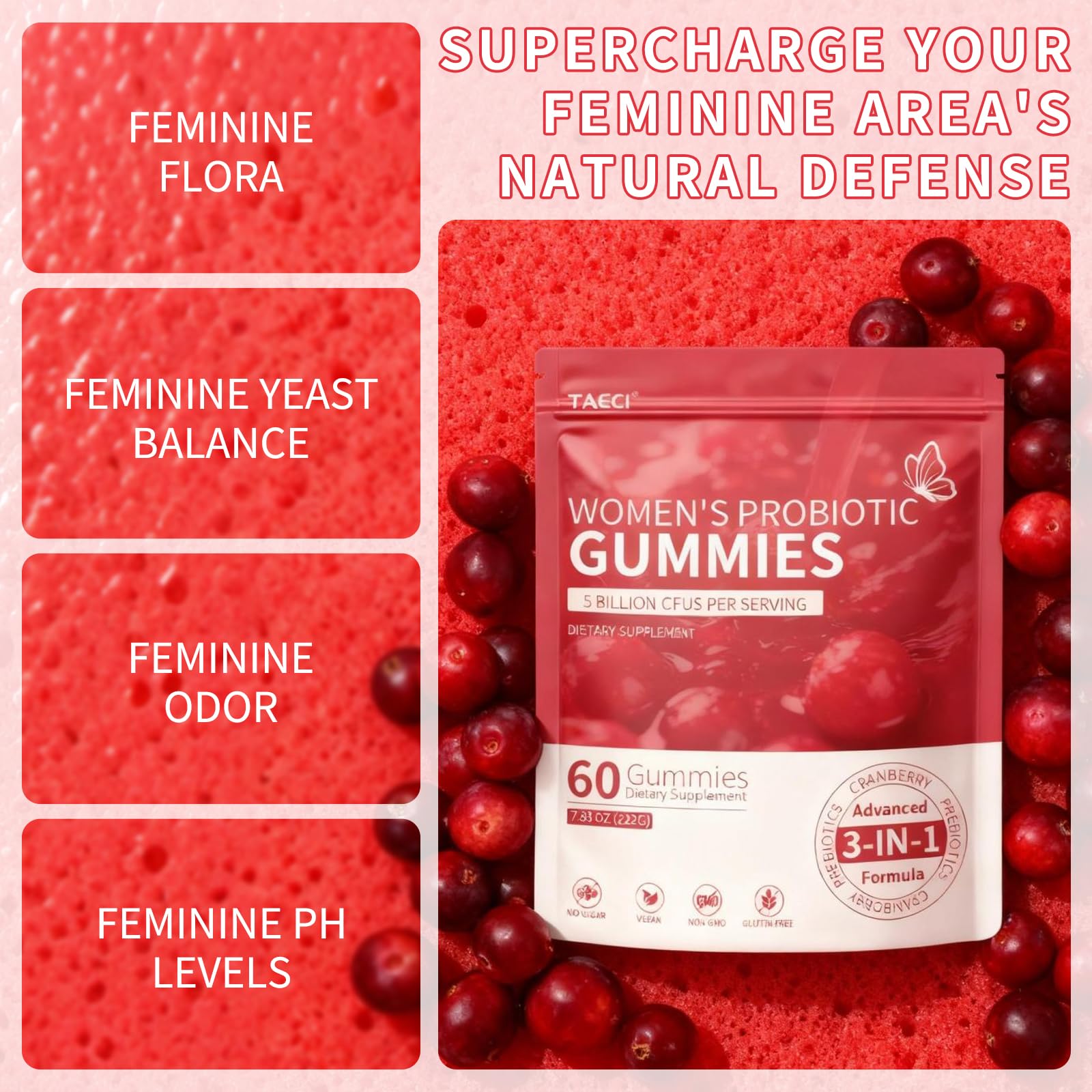 Taeci Cranberry Probiotic Gummies close-up highlighting chewy texture and flavor