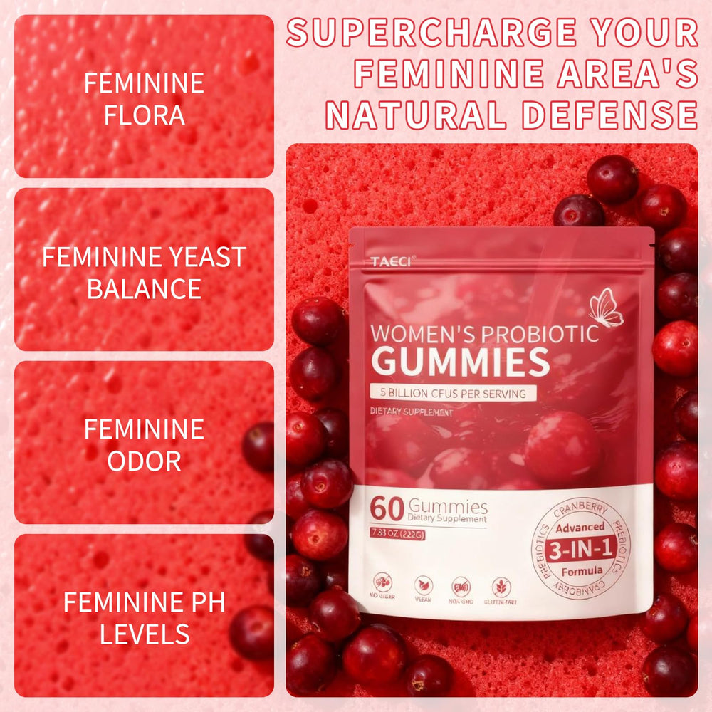 Taeci Cranberry Probiotic Gummies close-up highlighting chewy texture and flavor