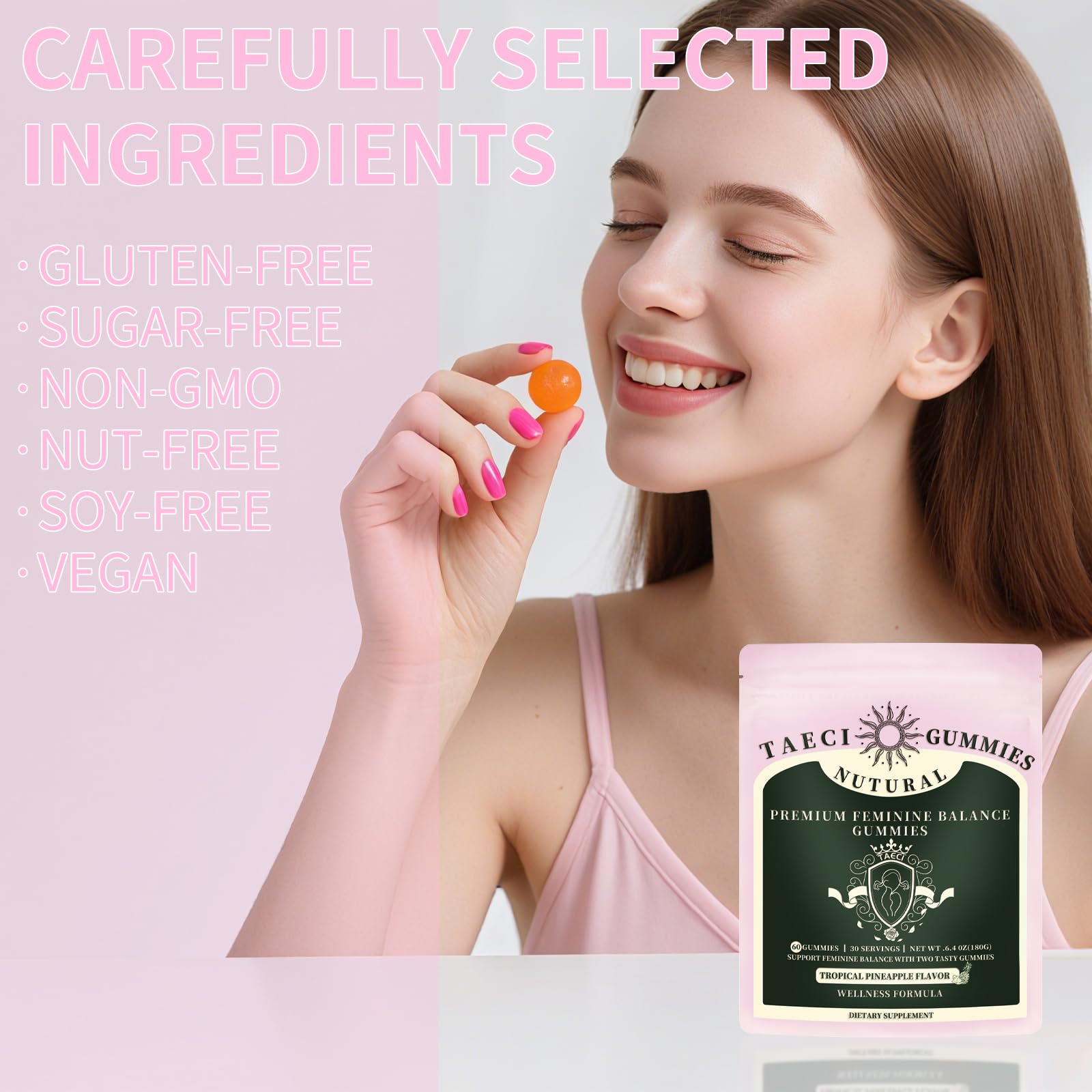 Taeci ingredient panel shows plant-based, no added sugar formulation.