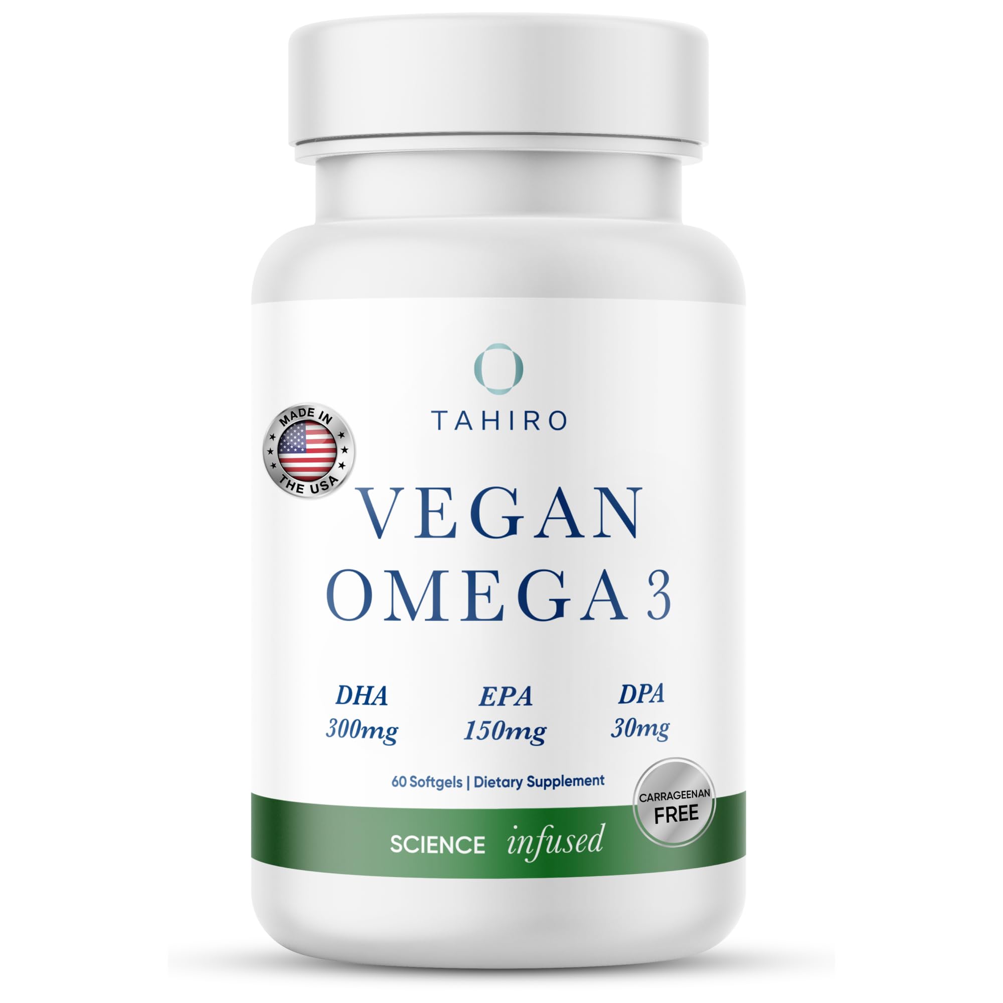 TAHIRO vegan omega-3 softgels bottle front for daily brain support