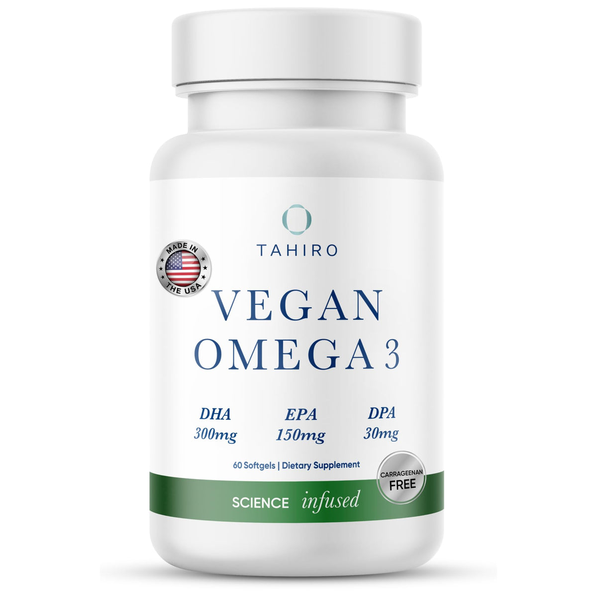 TAHIRO vegan omega-3 softgels bottle front for daily brain support