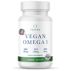 TAHIRO vegan omega-3 softgels bottle front for daily brain support