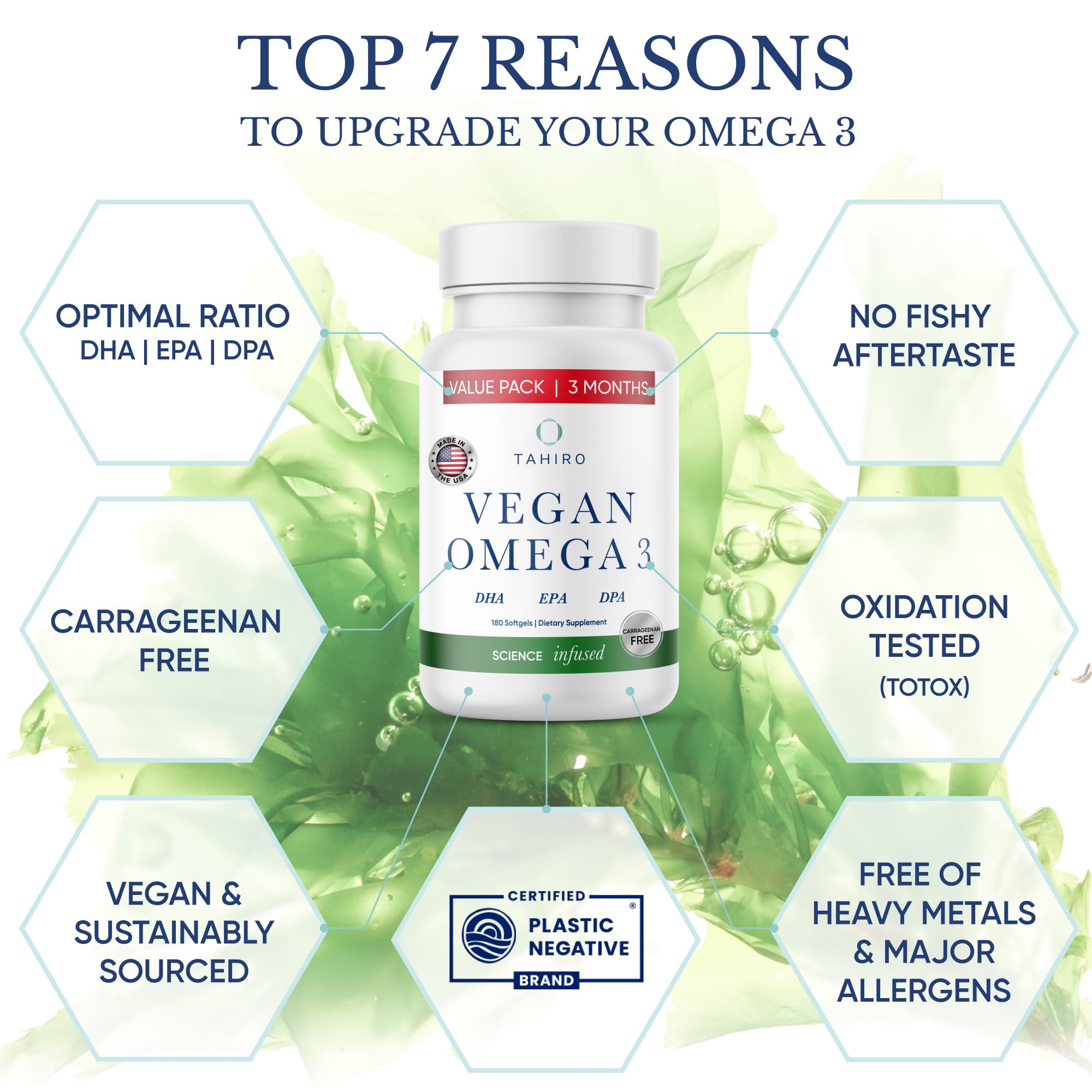 TAHIRO omega-3 softgels label view featuring DHA EPA and DPA details