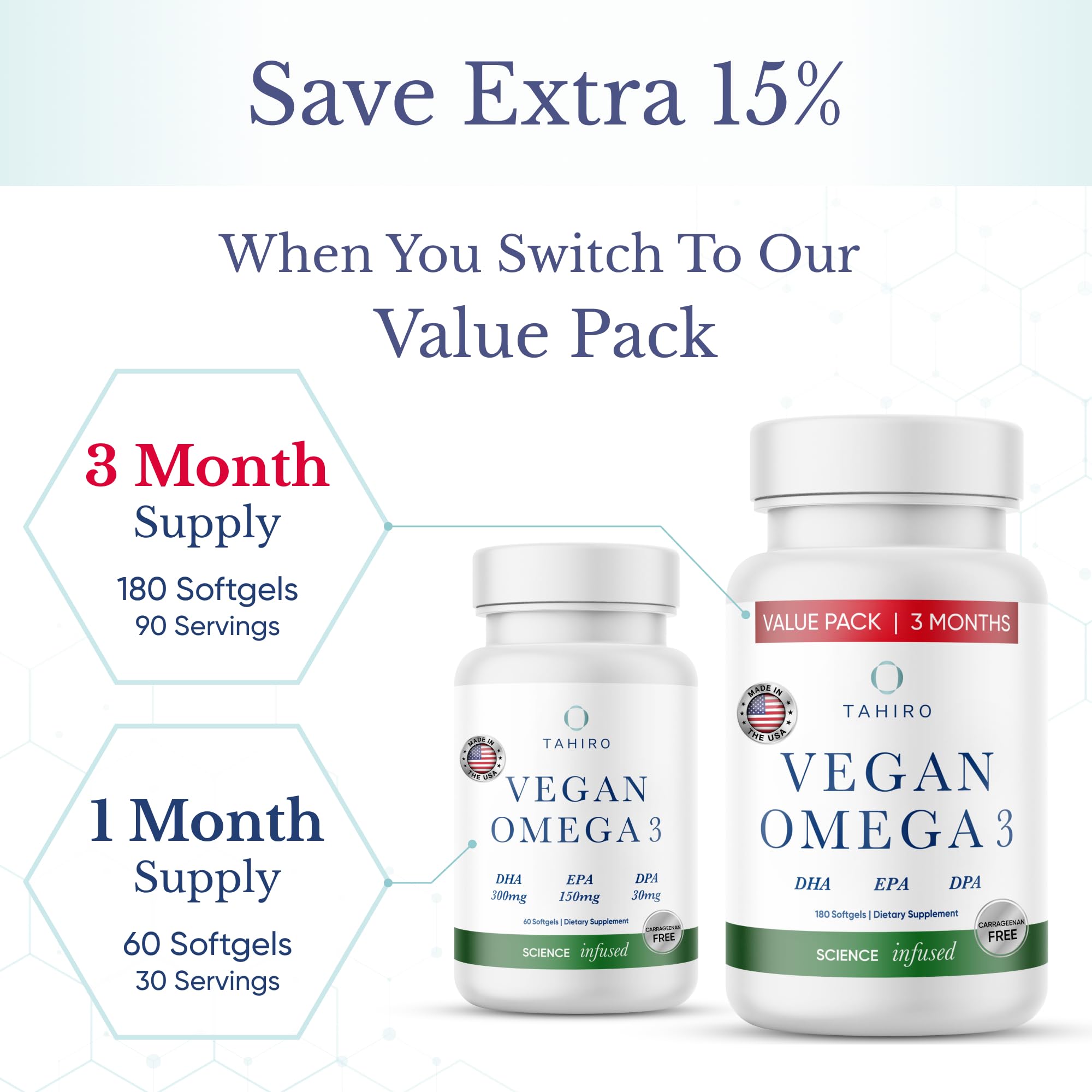 TAHIRO vegan omega-3 softgels packaging suggesting value and gift option
