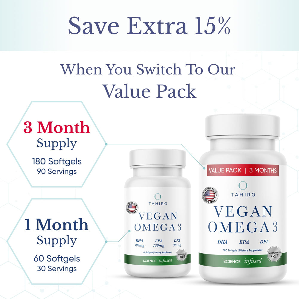 TAHIRO vegan omega-3 softgels packaging suggesting value and gift option
