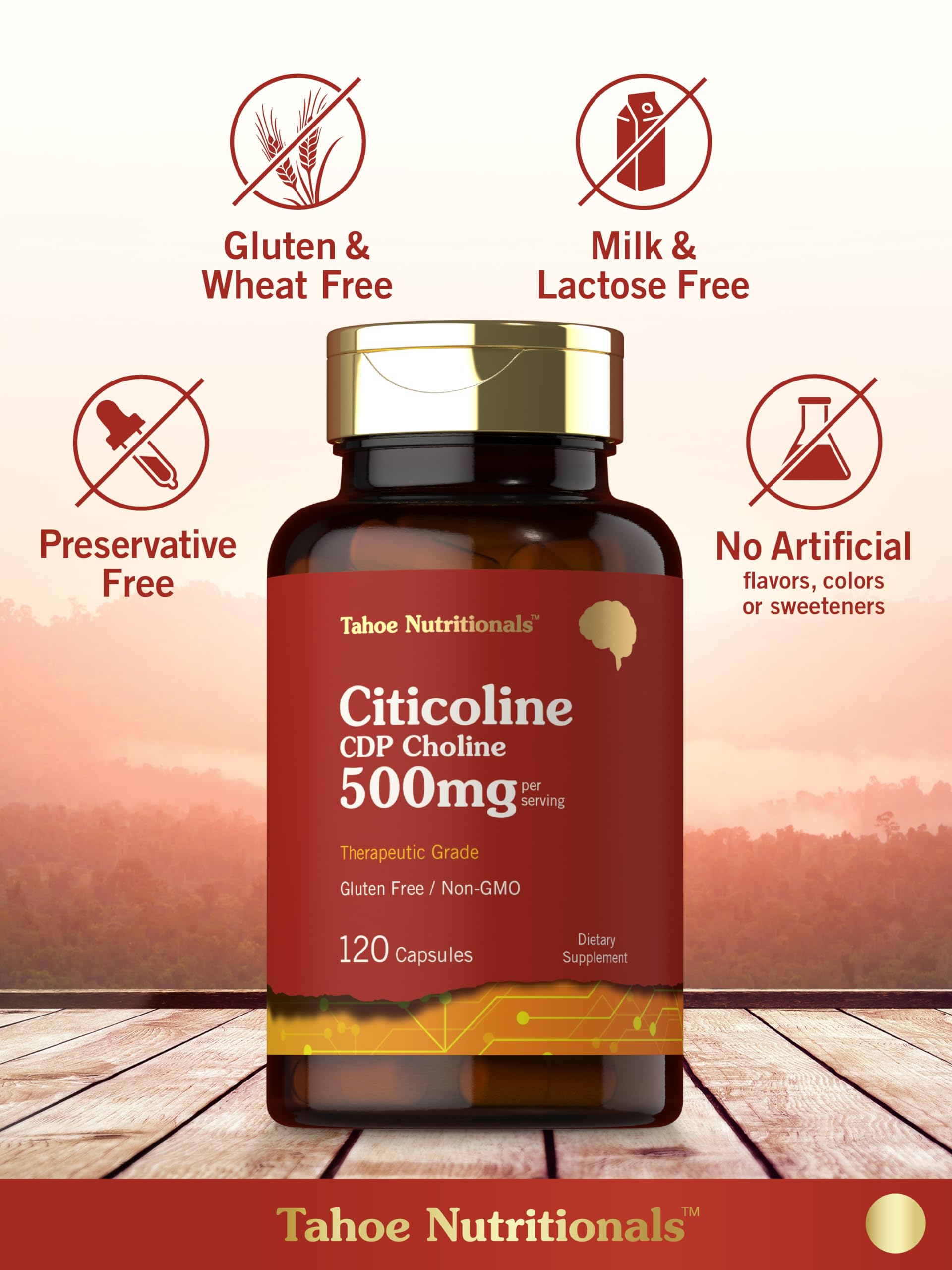 Caja abierta de Tahoe Nutritionals citicolina, cápsulas listas para usar.