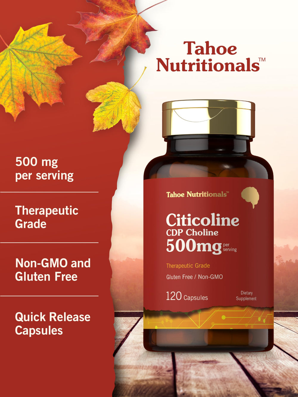 Cápsulas Tahoe Nutritionals citicolina dentro de la caja, presentación ordenada.