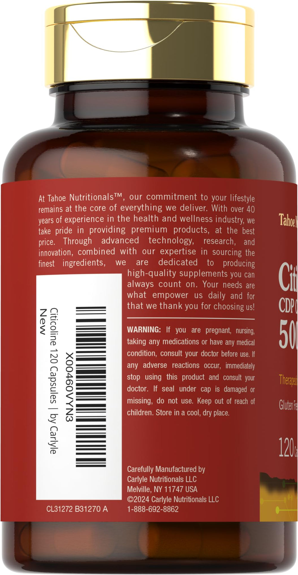 Etiqueta de Tahoe Nutritionals citicolina, información clara para compra informada.