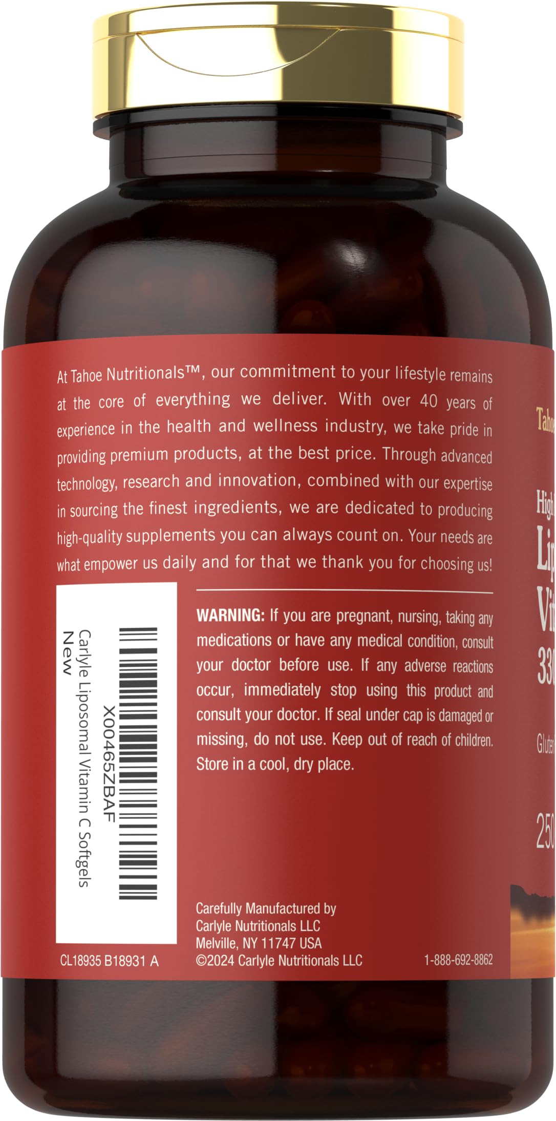 Tahoe Nutritionals Liposomal Vitamin C Complex label shows gluten-free and non-GMO ingredients.