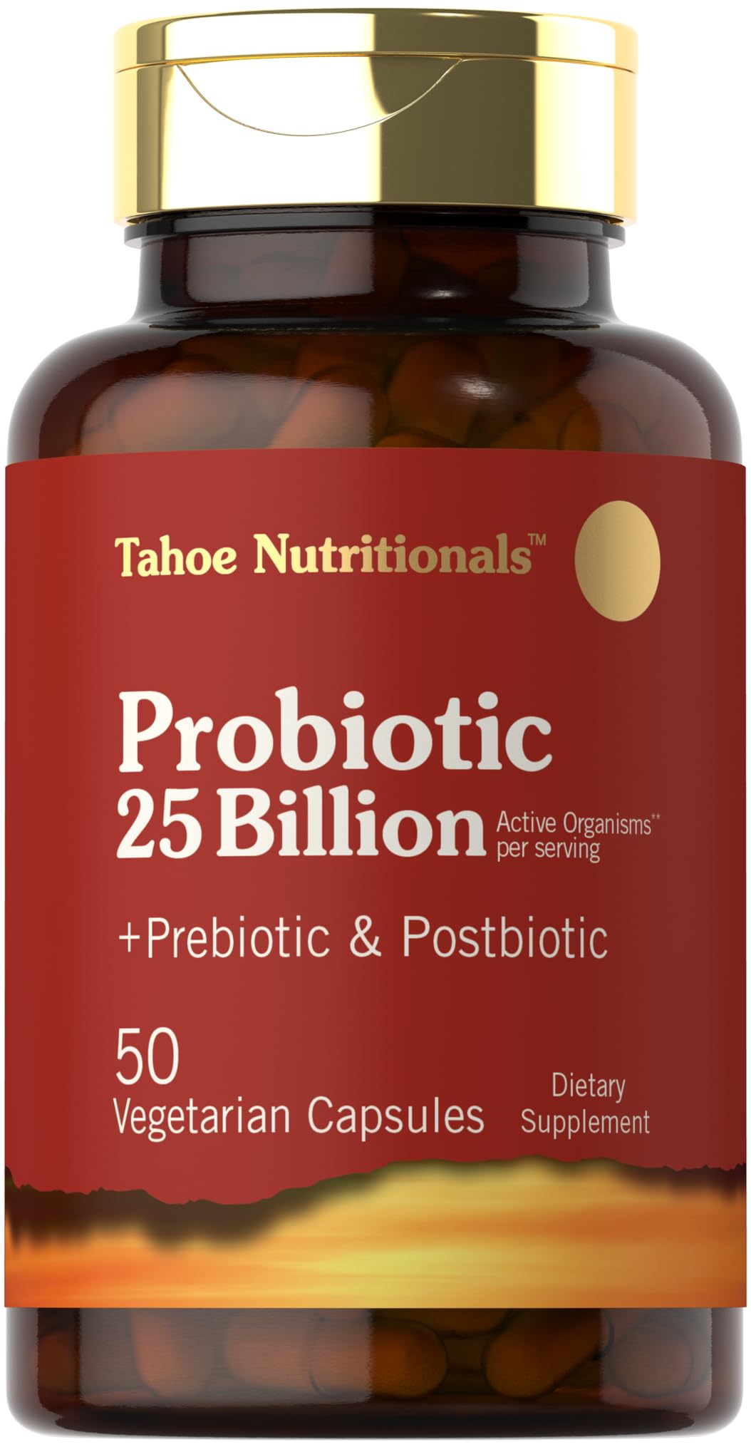 Tahoe Nutritionals bottle showing prebiotic-probiotic-postbiotic formula for balanced digestion