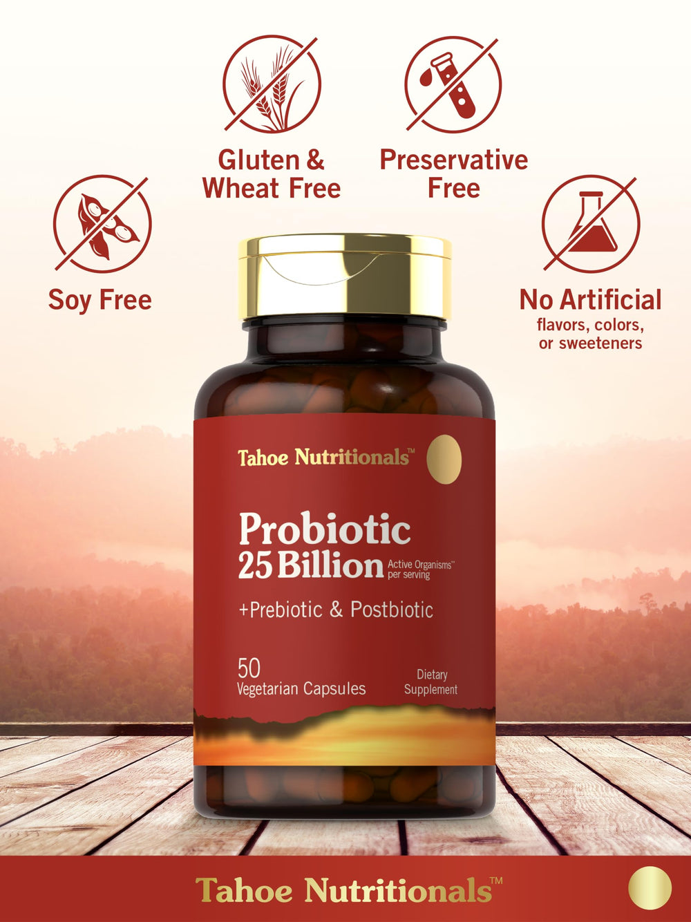 Tahoe Nutritionals vegetarian and non-GMO symbols on label
