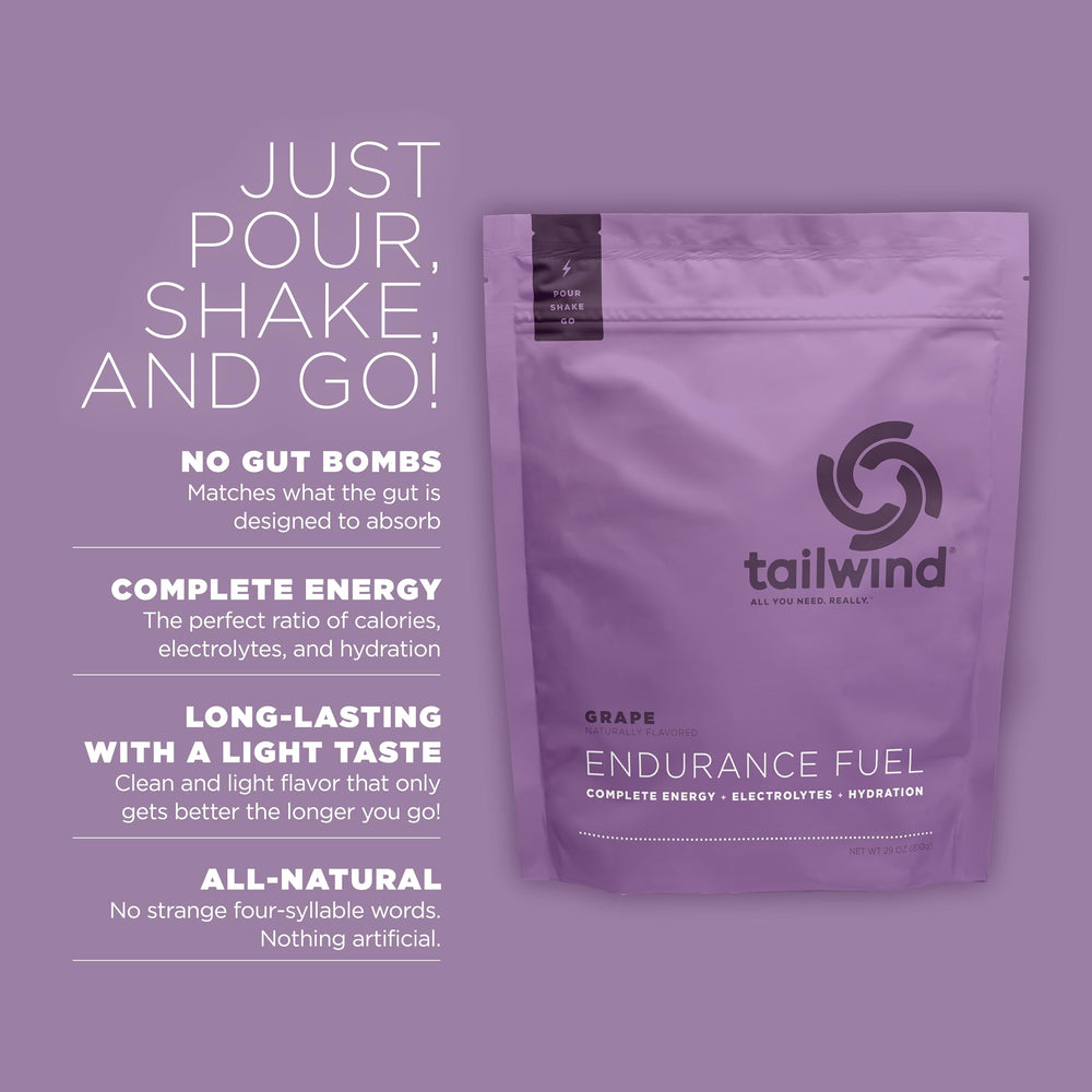 Tailwind Endurance Fuel bottle with grape drink for on-the-go hydration