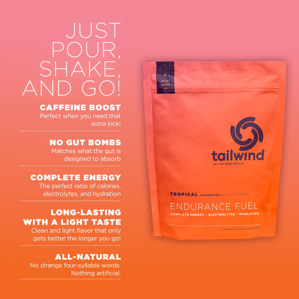 Tailwind Nutrition Endurance Fuel tub label highlighting gluten-free vegan ingredients.