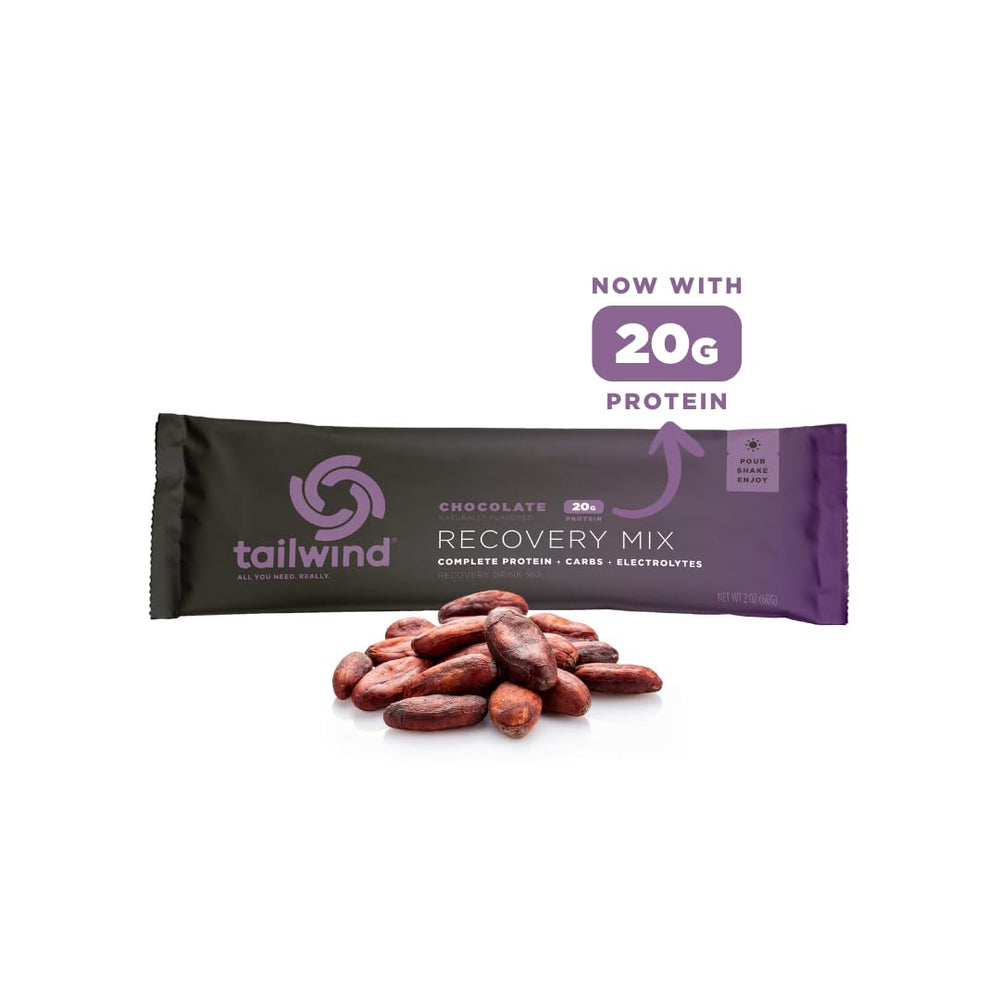 Tailwind Nutrition Recovery Mix packaging shows 12 servings and chocolate flavor.